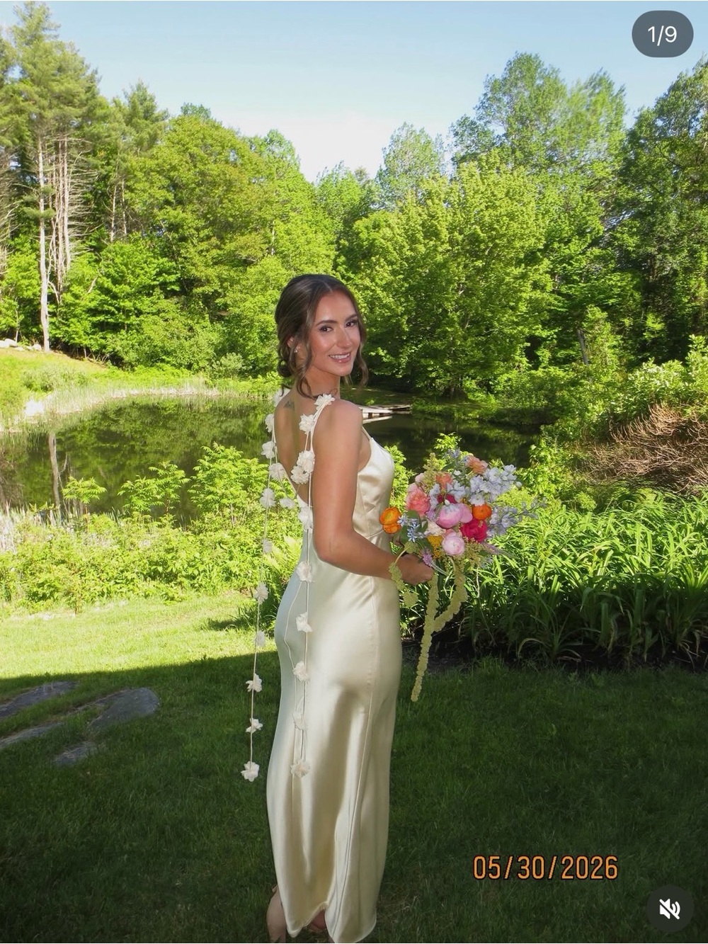 Revelry Pale Yellow Satin Floral Appliqué Strap Maxi Bridesmaid Dress Size 2